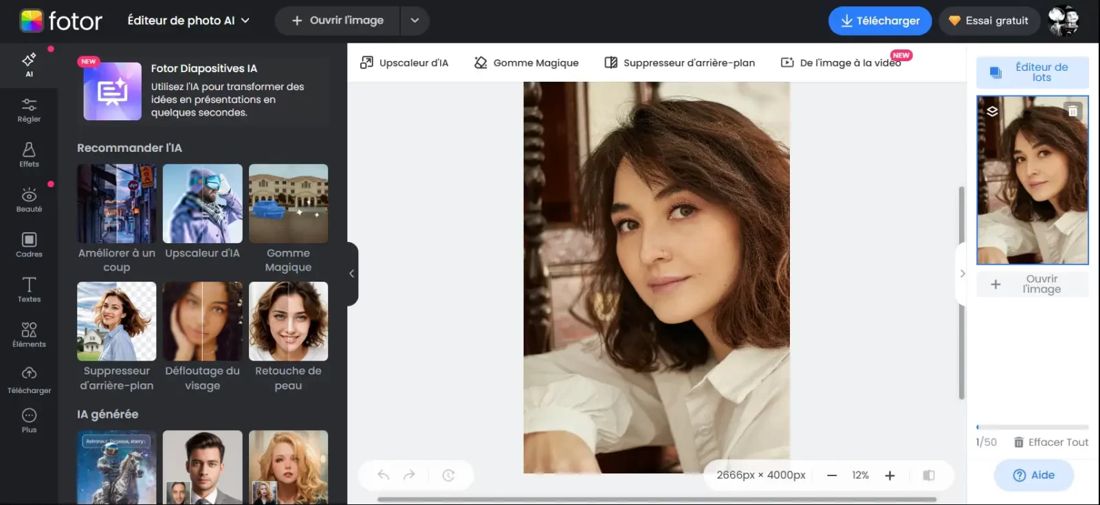 Interface de Fotor affichant un portrait féminin en cours de retouche avec des outils d’amélioration automatique, de suppression d’arrière-plan et de retouche de peau.