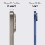 Comparaison de l’épaisseur de l’iPhone 15 Pro Max (8,2 mm) et de l’iPhone 17 Slim (5 mm), révélant un design plus fin pour le prochain modèle.