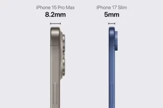 Comparaison de l’épaisseur de l’iPhone 15 Pro Max (8,2 mm) et de l’iPhone 17 Slim (5 mm), révélant un design plus fin pour le prochain modèle.