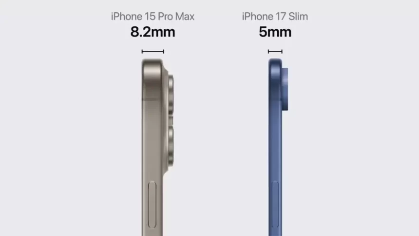 Comparaison de l’épaisseur de l’iPhone 15 Pro Max (8,2 mm) et de l’iPhone 17 Slim (5 mm), révélant un design plus fin pour le prochain modèle.