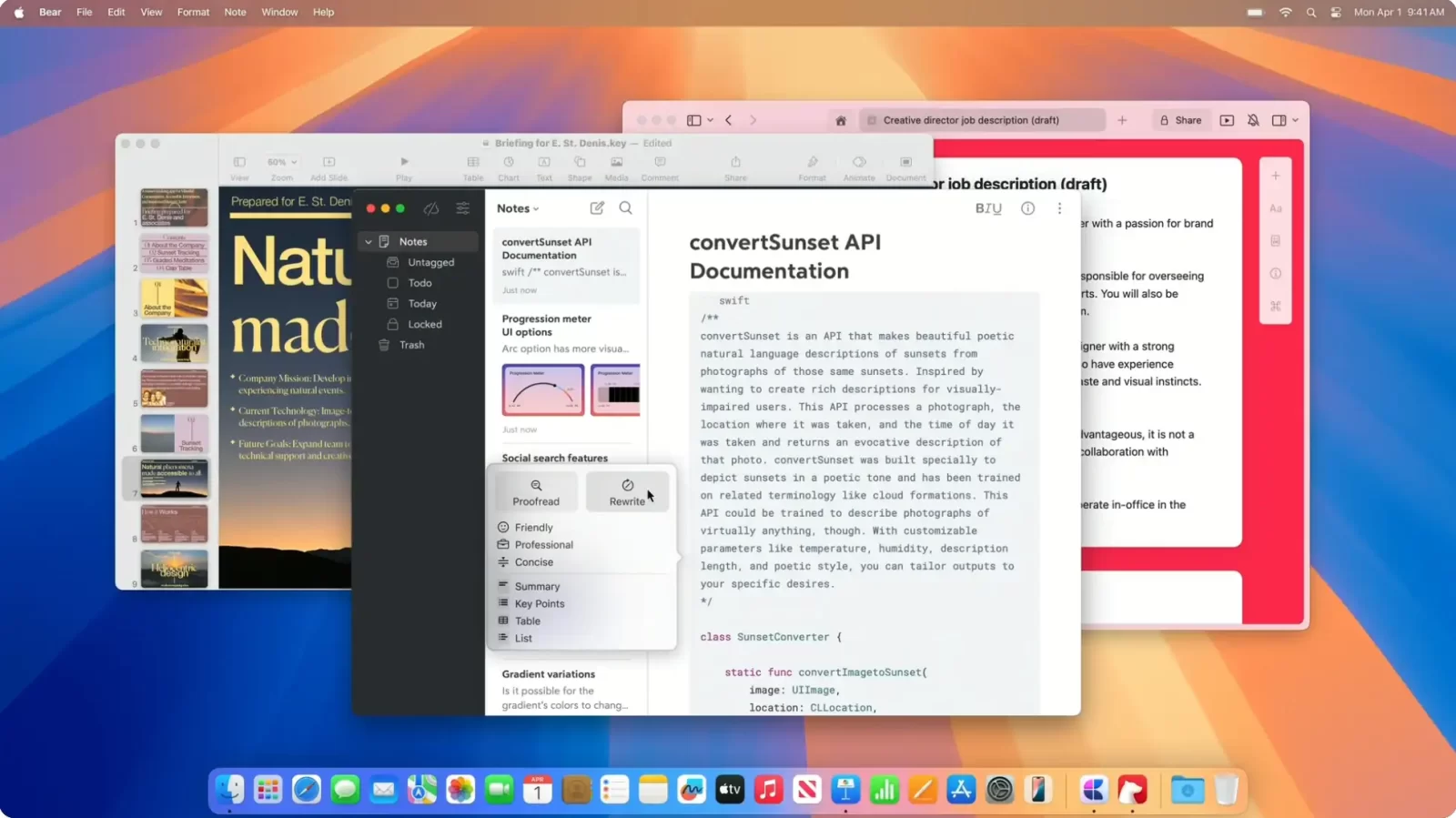 Interface Mac montrant les outils de réécriture et de correction d’Apple Intelligence pour des documents