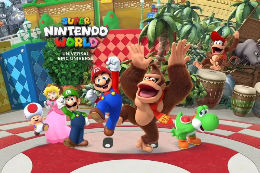 Personnages de Nintendo, dont Mario et Donkey Kong, dans l'univers de Super Nintendo World à Universal Epic Universe