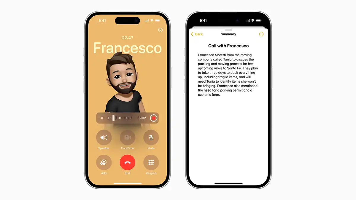 Deux iPhones affichant un appel en cours avec transcription et résumé via Apple Intelligence