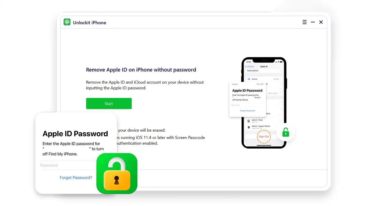 Écran de l'outil Unlockit montrant l'option pour supprimer l'Apple ID sur un iPhone sans mot de passe