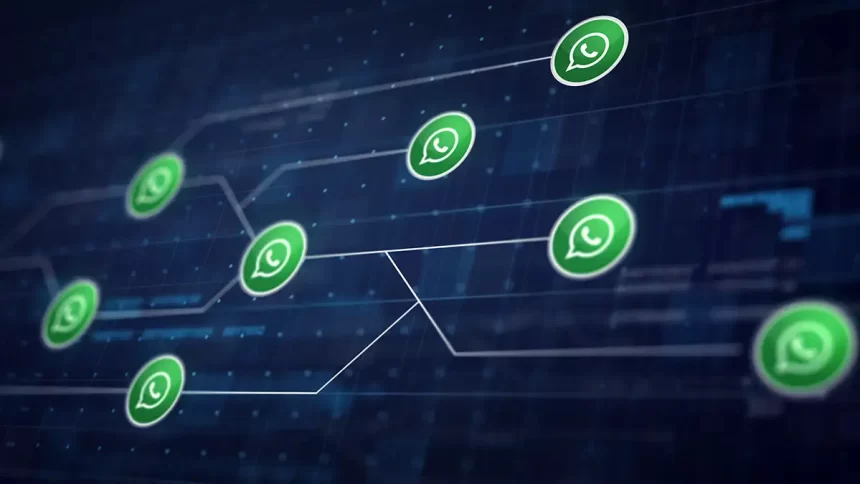 Logos de WhatsApp connectés sur un réseau numérique illustrant la sécurité et la communication.