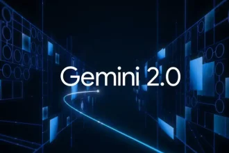 Interface futuriste avec l'inscription Gemini 2.0 de Google, représentant son outil d'intelligence artificielle pour optimiser les recherches complexes.