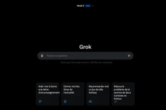 Interface du chatbot d'intelligence artificielle Grok, affichant des options interactives et un champ de recherche sur un écran sombre.