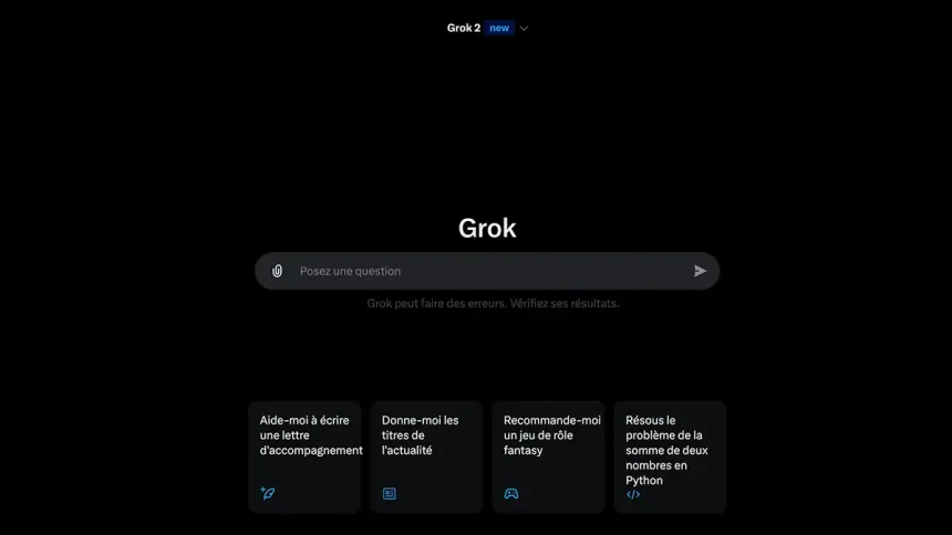 Interface du chatbot d'intelligence artificielle Grok, affichant des options interactives et un champ de recherche sur un écran sombre.