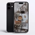 Un iPhone moderne avec un écran affichant une horloge, un lecteur de musique et un fond d’écran chaleureux, vu de face et de dos.