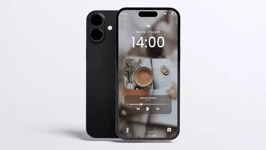 Un iPhone moderne avec un écran affichant une horloge, un lecteur de musique et un fond d’écran chaleureux, vu de face et de dos.