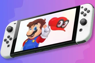 Un écran Nintendo Switch affichant Mario avec son chapeau iconique, représentant l'univers de Nintendo et ses innovations.