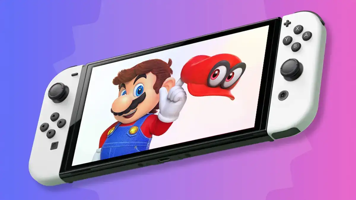 Un écran Nintendo Switch affichant Mario avec son chapeau iconique, représentant l'univers de Nintendo et ses innovations.