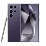 Vue de face et de dos du Samsung Galaxy S24 Ultra en finition titanium violet, avec le S Pen en appui, illustrant son design haut de gamme.