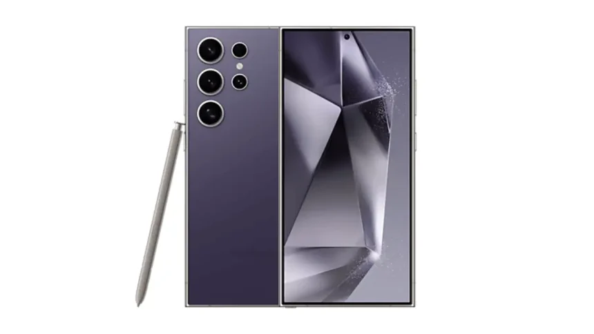 Vue de face et de dos du Samsung Galaxy S24 Ultra en finition titanium violet, avec le S Pen en appui, illustrant son design haut de gamme.