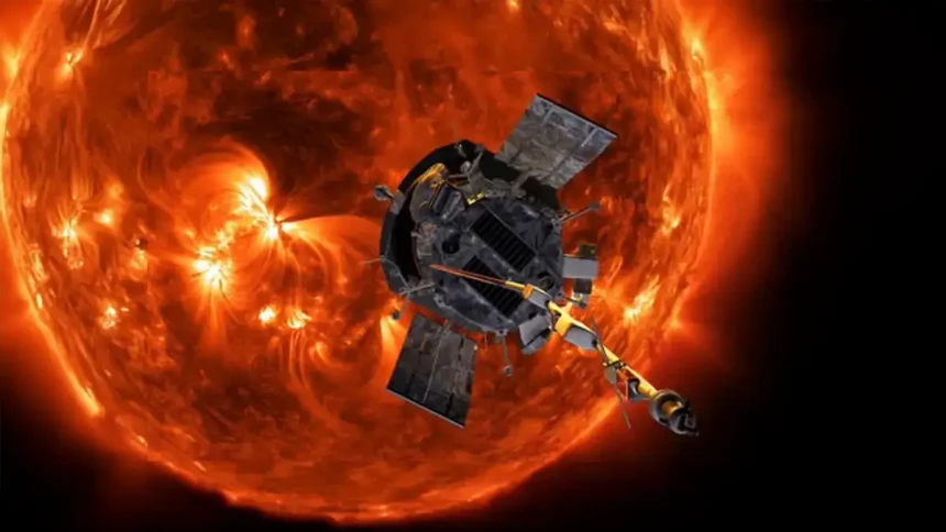 La sonde Parker de la NASA s’approchant de la surface du Soleil, capturée sur fond d’éruptions solaires intenses.