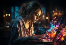 Jeune femme de la Génération Z utilisant un ordinateur portable avec des effets visuels d'intelligence artificielle, symbolisant l'intégration de l'IA dans le quotidien.