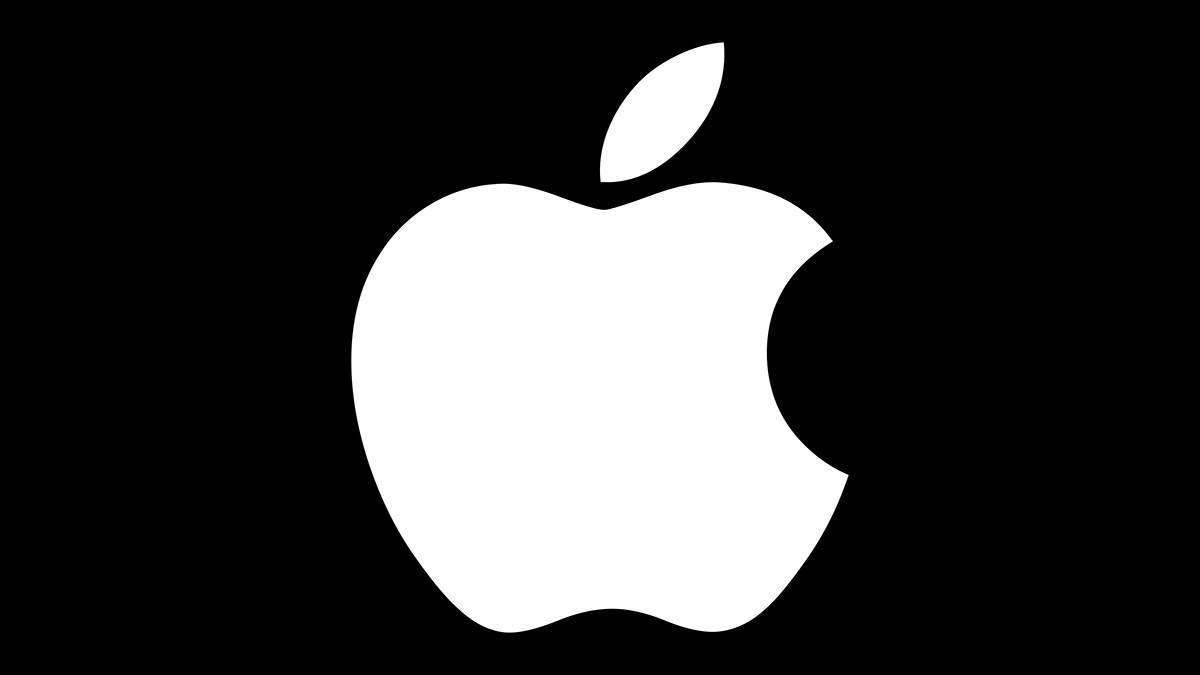 Logo d'Apple blanc sur fond noir représentant l'identité visuelle emblématique de l'entreprise, symbole de son engagement en matière de design et d'innovation.