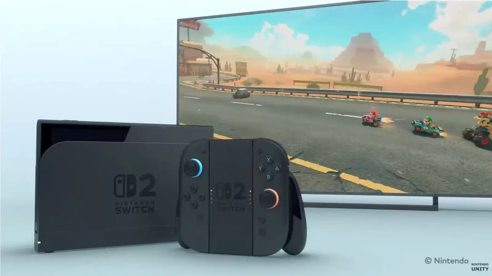 Console Nintendo Switch 2 noire avec Joy-Con détachés, devant un écran affichant un jeu de course.