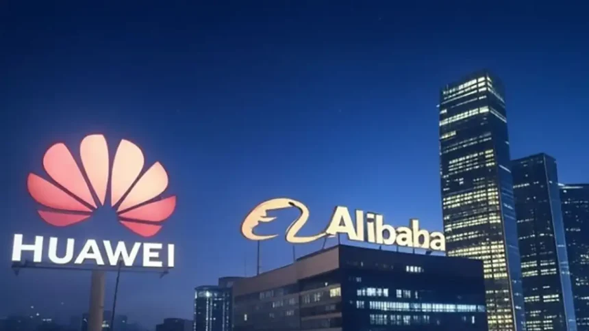 Logos d'Alibaba et Huawei affichés sur un écran, symboles de la technologie chinoise.