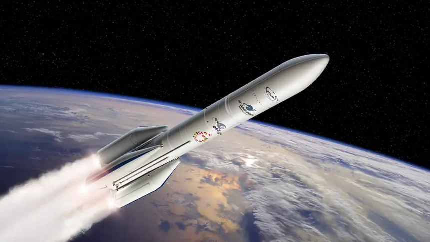 Fusée Ariane 6 en phase de décollage, illustration du lanceur européen dans l'espace.