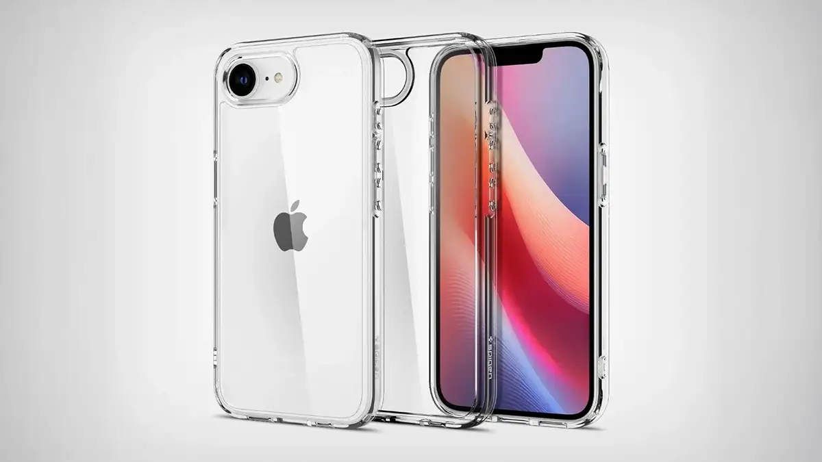 Coque transparente Spigen pour iPhone SE, montrant le design supposé avec écran à encoche et bouton d'action.