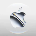 Logo Apple officiel, fond blanc, effet de lumière chromatique.