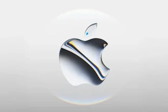 Logo Apple officiel, fond blanc, effet de lumière chromatique.