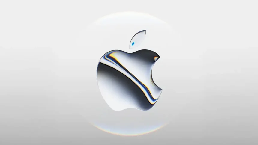 Logo Apple officiel, fond blanc, effet de lumière chromatique.