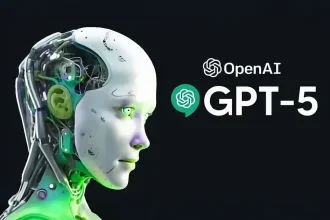 Robot humanoïde de profil devant le logo OpenAI et la mention GPT-5, illustration de l'IA.