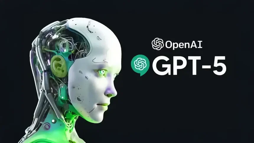 Robot humanoïde de profil devant le logo OpenAI et la mention GPT-5, illustration de l'IA.