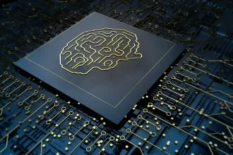 Représentation 3D d’un processeur électronique affichant un circuit en forme de cerveau, illustrant les avancées en intelligence artificielle et en microprocesseurs IA.