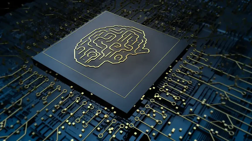 Représentation 3D d’un processeur électronique affichant un circuit en forme de cerveau, illustrant les avancées en intelligence artificielle et en microprocesseurs IA.