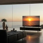 Téléviseur OLED LG installé sur un meuble bas devant une baie vitrée avec vue sur la mer au coucher du soleil.