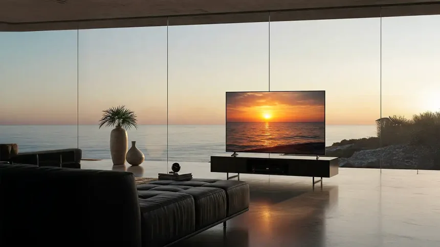 Téléviseur OLED LG installé sur un meuble bas devant une baie vitrée avec vue sur la mer au coucher du soleil.