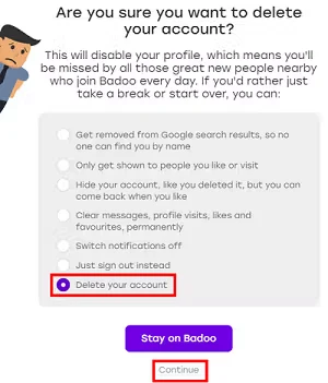 Écran de confirmation de suppression de compte Badoo avec options disponibles