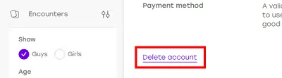 Lien « Delete account » sur la page des paramètres du compte Badoo