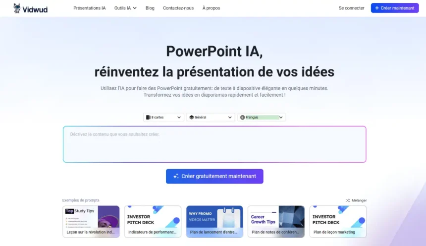 Interface de Vidwud AI affichant un générateur de présentations PowerPoint automatisé, avec une zone de saisie de texte et des modèles de diapositives suggérés.